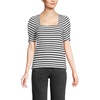 image:imageLands End Womens Puff Sleeve Mariner Square Neck TopOysterBlack Breton Stripes