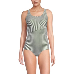 image:imageLands End Womens Chlorine Resistant Soft Cup Tugless Sporty One Piece Swimsuit  UPF 50 Chlorine Resistant Soft Cup Bra Scoop Neck Lap Swimming Water Aerobics Plus and Long SizesFusion Green Mini Stripe