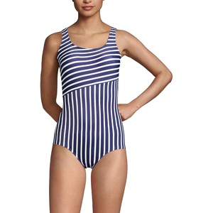 image:imageLands End Womens Chlorine Resistant Soft Cup Tugless Sporty One Piece Swimsuit  UPF 50 Chlorine Resistant Soft Cup Bra Scoop Neck Lap Swimming Water Aerobics Plus and Long SizesDeep SeaWhite Media Stripe
