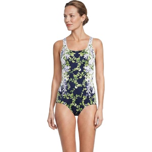 image:imageLands End Womens Chlorine Resistant Soft Cup Tugless Sporty One Piece Swimsuit  UPF 50 Chlorine Resistant Soft Cup Bra Scoop Neck Lap Swimming Water Aerobics Plus and Long SizesWhiteNavy Blooms