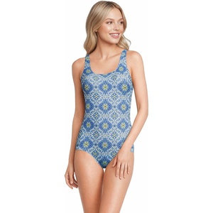 image:imageLands End Womens Chlorine Resistant Soft Cup Tugless Sporty One Piece Swimsuit  UPF 50 Chlorine Resistant Soft Cup Bra Scoop Neck Lap Swimming Water Aerobics Plus and Long SizesLake BlueEgret Geo Floral