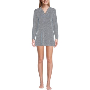 image:imageLands End Womens Cotton Jersey Long Sleeve Hooded Swim Coverup DressDeep Sea Navy Mini Stripe
