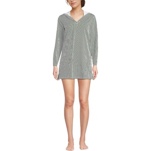image:imageLands End Womens Cotton Jersey Long Sleeve Hooded Swim Coverup DressFusion Green Mini Stripe