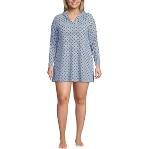 image:imageLands End Womens Cotton Jersey Long Sleeve Hooded Swim Coverup DressLake Blue Geo Floral