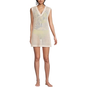 image:imageLands End Womens Cotton Open Knit VNeck Swim Coverup DressWashed Sand