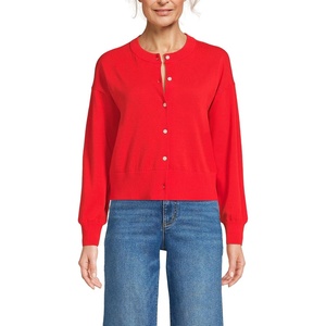 image:imageLands End Womens Cropped Fine Gauge Crew Neck Cardigan SweaterCoral Red