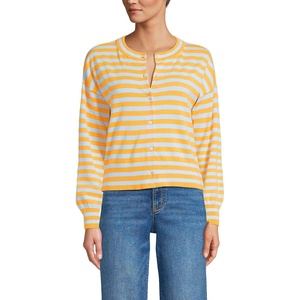 image:imageLands End Womens Cropped Fine Gauge Crew Neck Cardigan SweaterSweet MangoIce Blue Breton