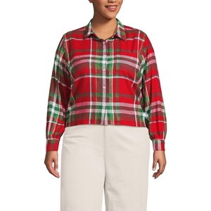 image:imageLands End Womens Cropped Flannel ShirtCompass RedEmerald Plaid