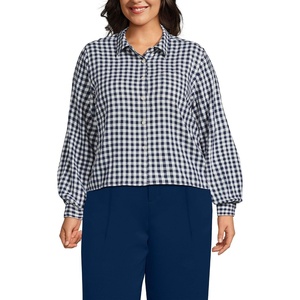 image:imageLands End Womens Cropped Flannel ShirtDeep SeaIvory Mini Check
