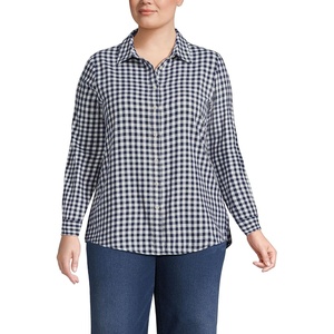 image:imageLands End Womens Flannel Boyfriend Fit Long Sleeve ShirtDeep SeaIvory Mini Check