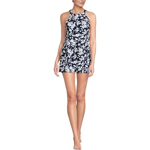 image:imageLands End Womens High Neck Swim Dress  High Rise CottonRich Stretch Knit PullOn Casual Trousers Work Travel Lounge Petite and Plus SizesNavy Blossom Floral