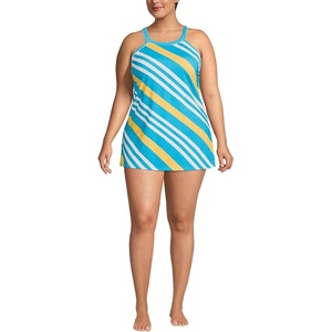 image:imageLands End Womens High Neck Swim Dress  High Rise CottonRich Stretch Knit PullOn Casual Trousers Work Travel Lounge Petite and Plus SizesTurquoise Awning Stripe