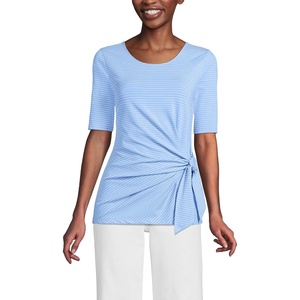 image:imageLands End Womens Lightweight Jersey Tie Front TopClear Blue Sky Thin Stripe