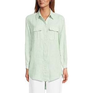 image:imageLands End Womens Linen Roll Sleeve Relaxed Tunic TopPale EmeraldLilac Stripe