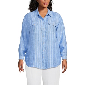 image:imageLands End Womens Linen Roll Sleeve Relaxed Tunic TopSoft Blue Linen Stripe
