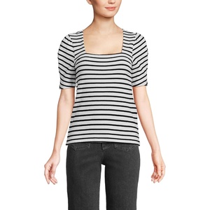 image:imageLands End Womens Puff Sleeve Mariner Square Neck TopOysterBlack Breton Stripes