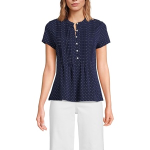 image:imageLands End Womens Short Sleeve Lightweight Jersey Button Pintuck TopDeep Sea Navy Pin Dot