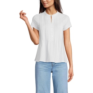image:imageLands End Womens Short Sleeve Lightweight Jersey Button Pintuck TopWhite