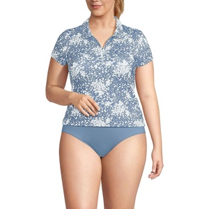 image:imageLands End Womens Short Sleeve Pique Johnny Collar UPF 50 Rash GuardDusk Sky Meadow Ditsy Floral