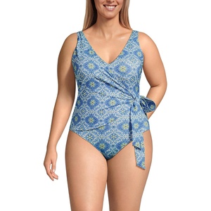 image:imageLands End Womens Side Tie Wrap SwimsuitLake BlueEgret Geo Floral