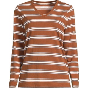 image:imageLands End Womens Supima Long Sleeve VNeck Tee  AmericanGrown Supima Cotton Relaxed Fit Straight Hem Tagless Layering Petite and Plus SizesClear Blue SkyBrown Stripe