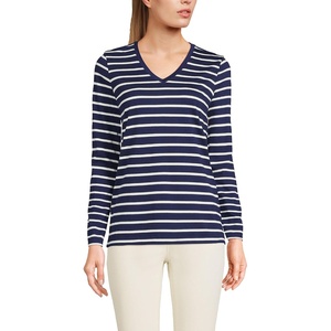 image:imageLands End Womens Supima Long Sleeve VNeck Tee  AmericanGrown Supima Cotton Relaxed Fit Straight Hem Tagless Layering Petite and Plus SizesDeep Sea Navy Breton Stripe