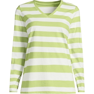 image:imageLands End Womens Supima Long Sleeve VNeck Tee  AmericanGrown Supima Cotton Relaxed Fit Straight Hem Tagless Layering Petite and Plus SizesIvoryApple Green Bold Stripe
