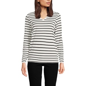 image:imageLands End Womens Supima Long Sleeve VNeck Tee  AmericanGrown Supima Cotton Relaxed Fit Straight Hem Tagless Layering Petite and Plus SizesIvoryBlack Breton Stripe