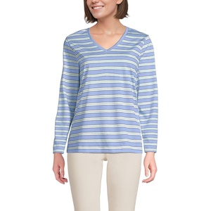 image:imageLands End Womens Supima Long Sleeve VNeck Tee  AmericanGrown Supima Cotton Relaxed Fit Straight Hem Tagless Layering Petite and Plus SizesLight Sea Blue Multi Stripe