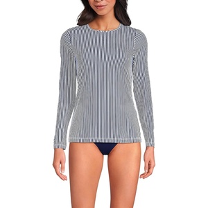 image:imageLands End Womens UPF 50 Rash Guard  Long Sleeve Chlorine Resistant Crew Neck MoistureWicking Beach Paddleboarding Petite and Plus SizesDeep Sea Navy Mini Stripe 1