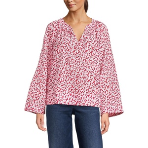 image:imageLands End Womens Voile Tie Neck Poet BlouseWhiteCoral Red Painted Posies