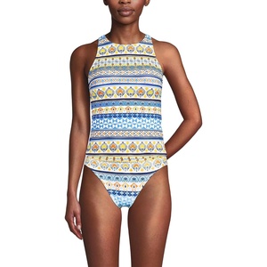 image:imageWomens Tugless High Neck Strappy Back Tankini Swimsuit TopWhite Mosaic Multi Stripe