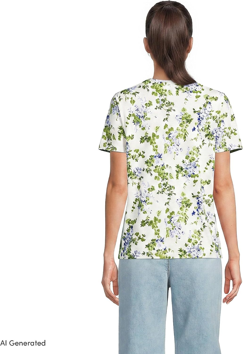 image:imageLands End Womens Supima Crew Neck TShirt  AmericanGrown Supima Cotton Relaxed Fit Tagless MidHip Length Layering Petite and Plus SizesIvoryBlue Blooms
