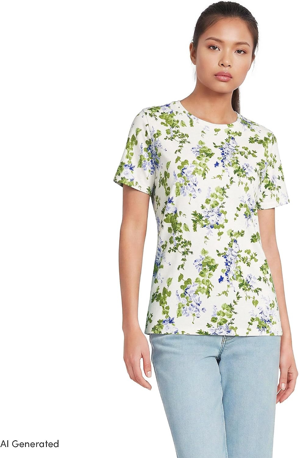 image:imageLands End Womens Supima Crew Neck TShirt  AmericanGrown Supima Cotton Relaxed Fit Tagless MidHip Length Layering Petite and Plus SizesIvoryBlue Blooms
