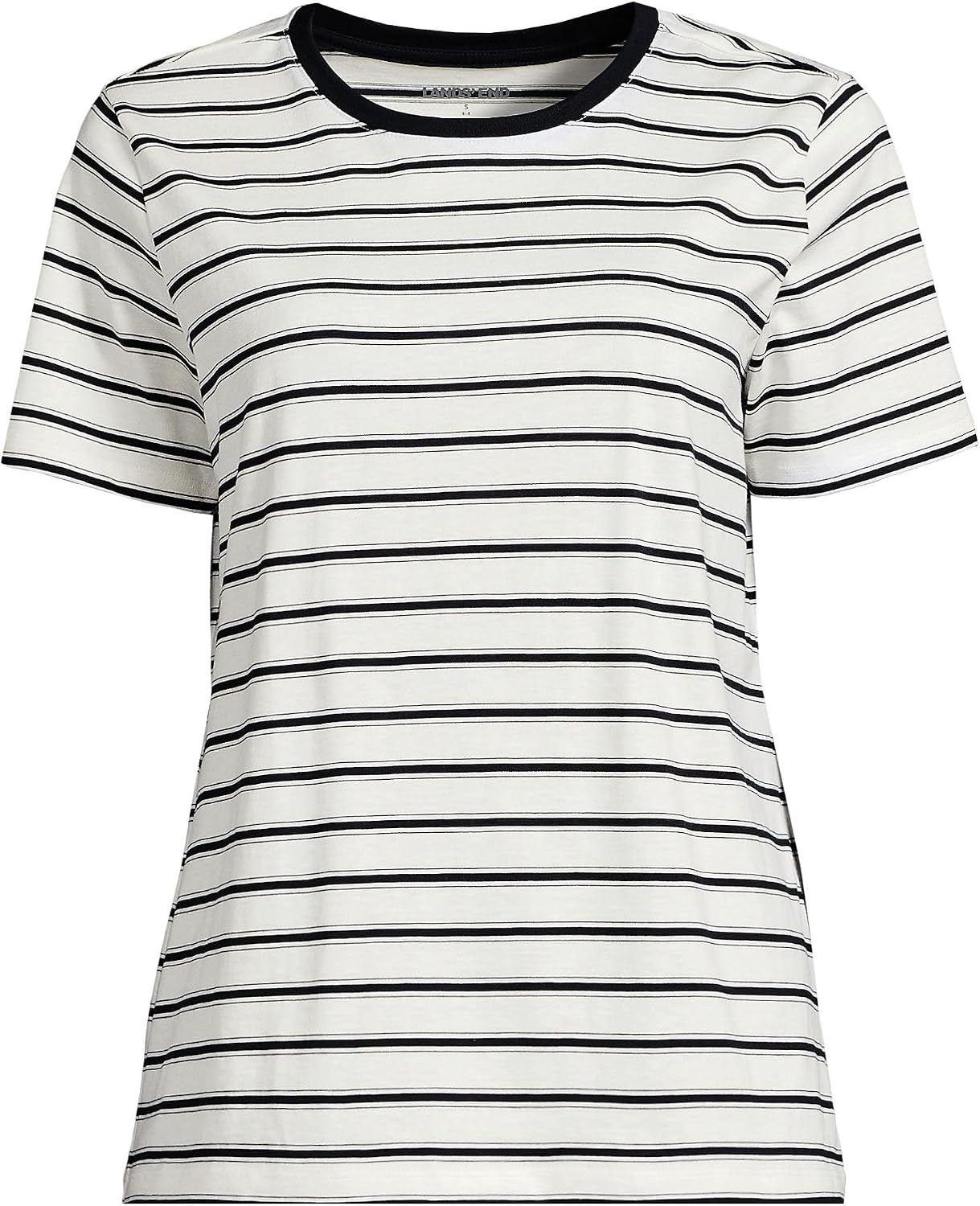 image:imageLands End Womens Supima Crew Neck TShirt  AmericanGrown Supima Cotton Relaxed Fit Tagless MidHip Length Layering Petite and Plus SizesIvoryRadiant Navy Rail Stripe