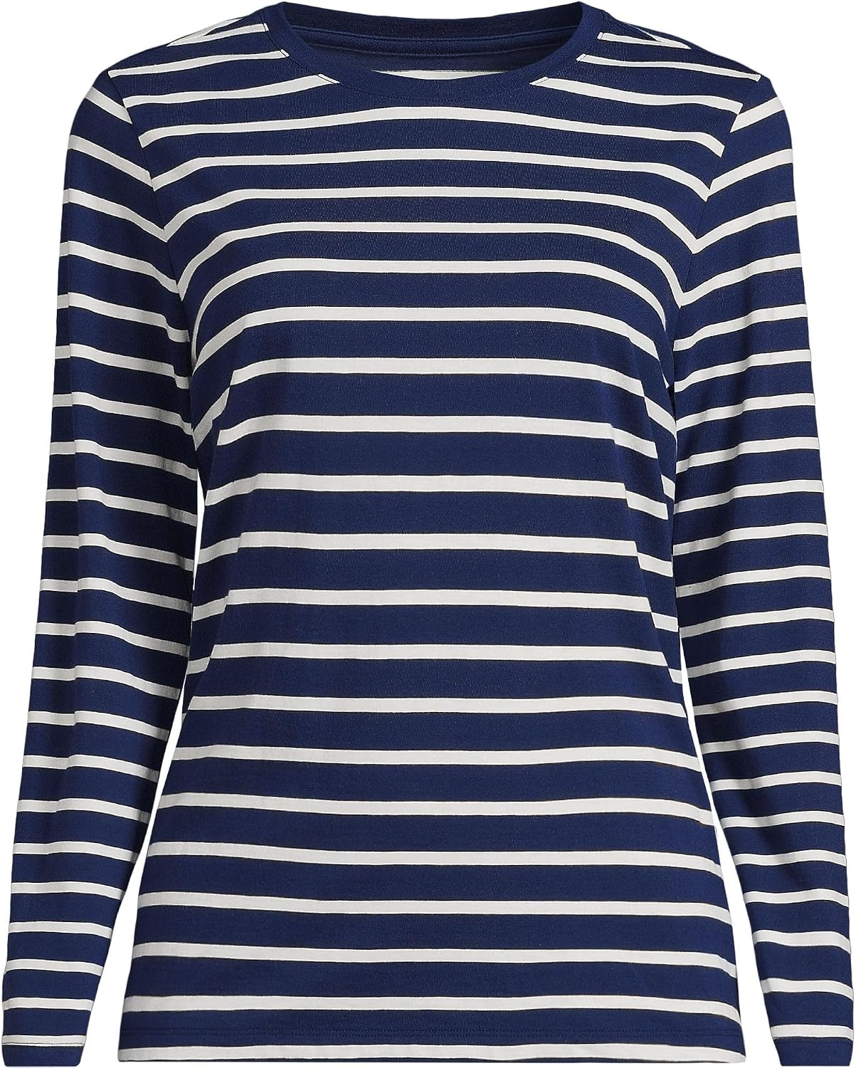 image:imageLands End Womens Supima Long Sleeve Crew Tee  AmericanGrown Supima Cotton Relaxed Fit Tagless MidHip Length Layering Petite and Plus SizesDeep SeaIvory Breton Stripe