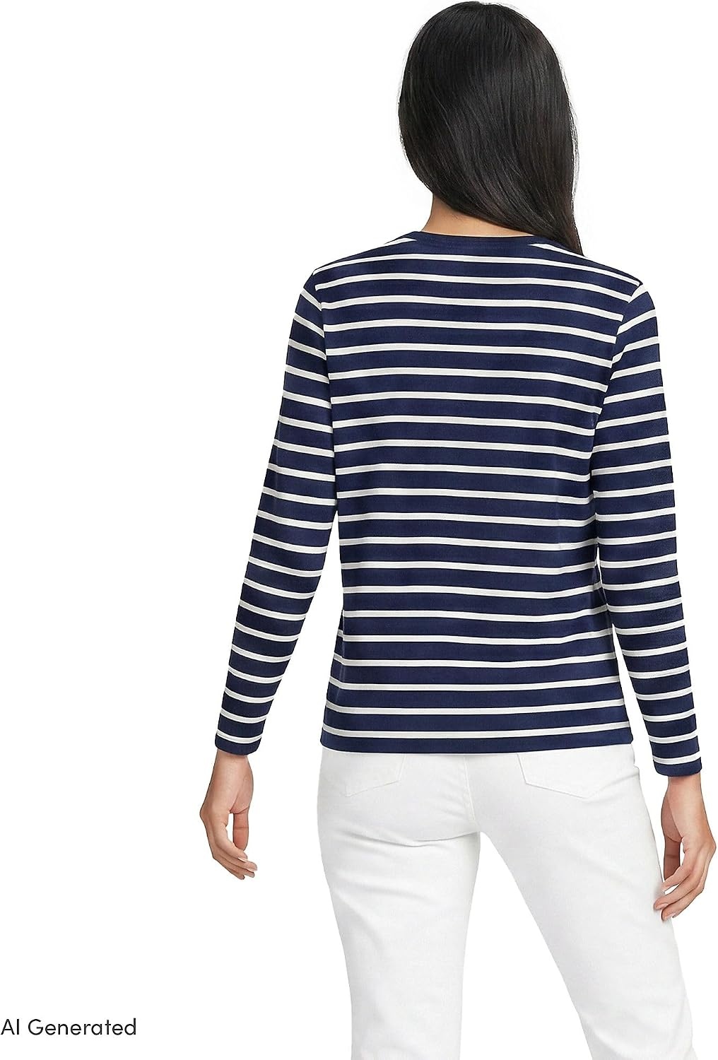 image:imageLands End Womens Supima Long Sleeve Crew Tee  AmericanGrown Supima Cotton Relaxed Fit Tagless MidHip Length Layering Petite and Plus SizesDeep SeaIvory Breton Stripe