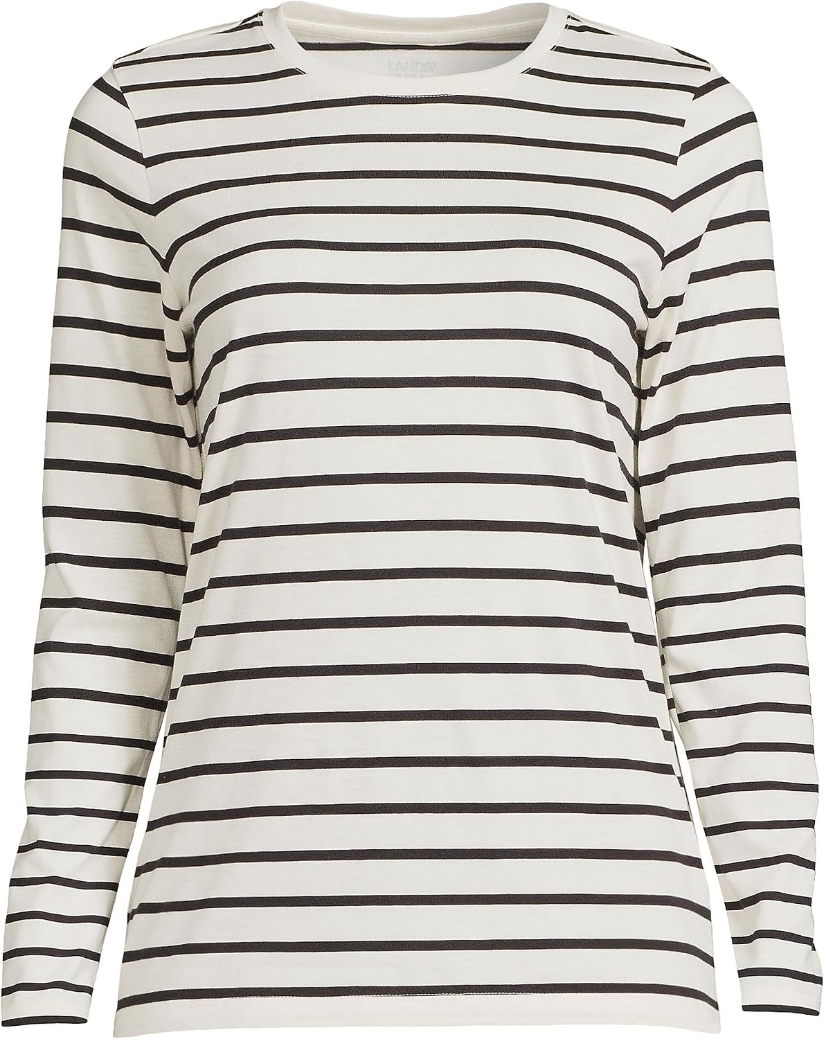 image:imageLands End Womens Supima Long Sleeve Crew Tee  AmericanGrown Supima Cotton Relaxed Fit Tagless MidHip Length Layering Petite and Plus SizesIvoryBlack Breton Stripe