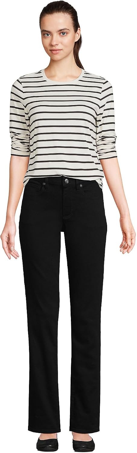 image:imageLands End Womens Supima Long Sleeve Crew Tee  AmericanGrown Supima Cotton Relaxed Fit Tagless MidHip Length Layering Petite and Plus SizesIvoryBlack Breton Stripe