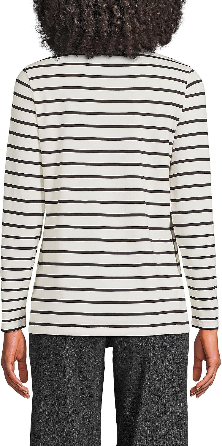 image:imageLands End Womens Supima Long Sleeve Crew Tee  AmericanGrown Supima Cotton Relaxed Fit Tagless MidHip Length Layering Petite and Plus SizesIvoryBlack Breton Stripe