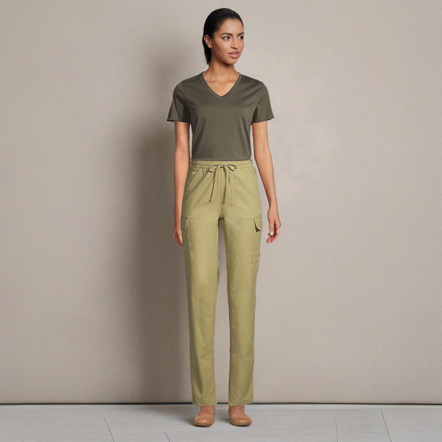 image:imageLands End Womens Supima VNeck TShirt  AmericanGrown Supima Cotton Relaxed Fit Straight Hem Tagless Layering Petite and Plus SizesForest Moss
