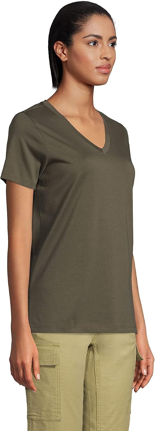 image:imageLands End Womens Supima VNeck TShirt  AmericanGrown Supima Cotton Relaxed Fit Straight Hem Tagless Layering Petite and Plus SizesForest Moss