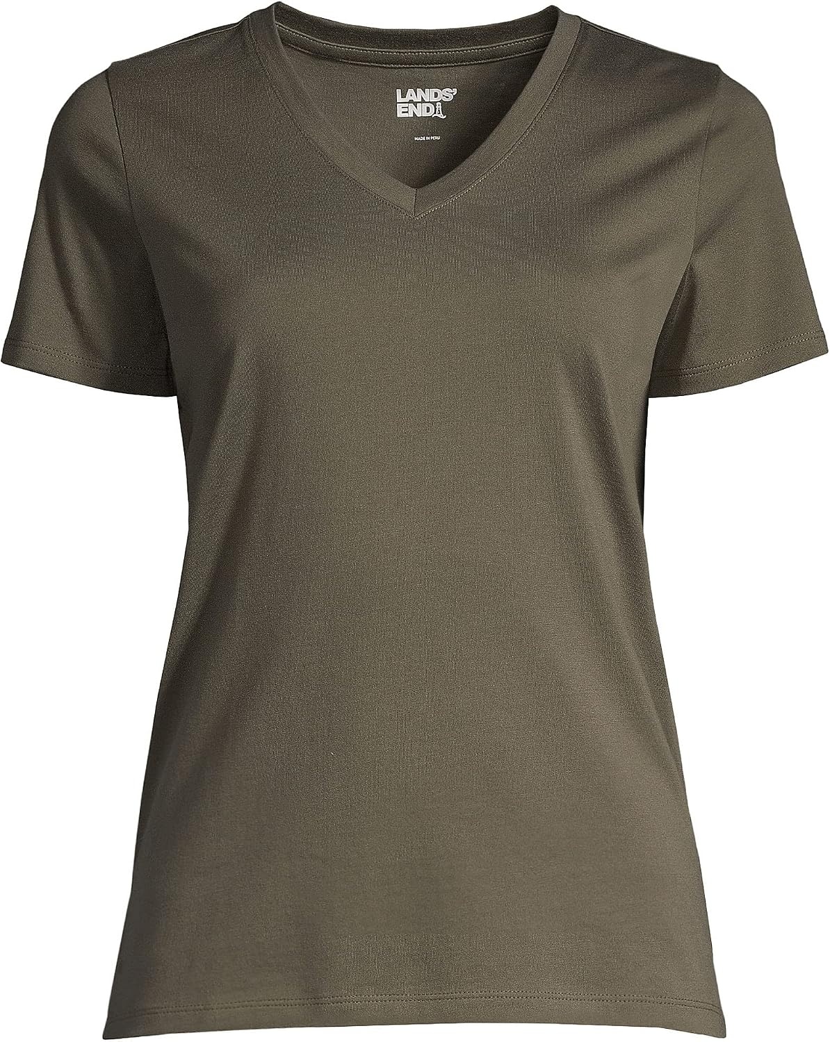 image:imageLands End Womens Supima VNeck TShirt  AmericanGrown Supima Cotton Relaxed Fit Straight Hem Tagless Layering Petite and Plus SizesForest Moss