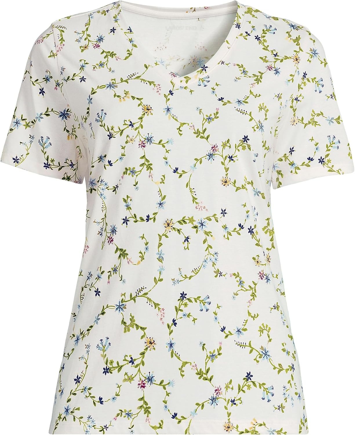 image:imageLands End Womens Supima VNeck TShirt  AmericanGrown Supima Cotton Relaxed Fit Straight Hem Tagless Layering Petite and Plus SizesIvory Multi Floral Vine