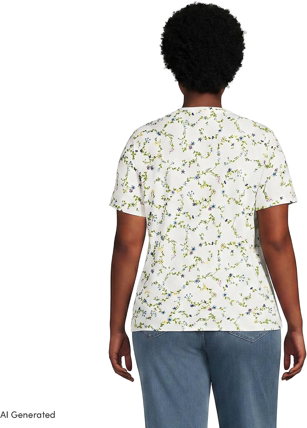 image:imageLands End Womens Supima VNeck TShirt  AmericanGrown Supima Cotton Relaxed Fit Straight Hem Tagless Layering Petite and Plus SizesIvory Multi Floral Vine