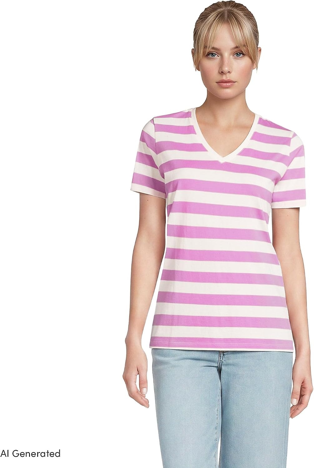 image:imageLands End Womens Supima VNeck TShirt  AmericanGrown Supima Cotton Relaxed Fit Straight Hem Tagless Layering Petite and Plus SizesIvoryAster Pink Bold Stripe