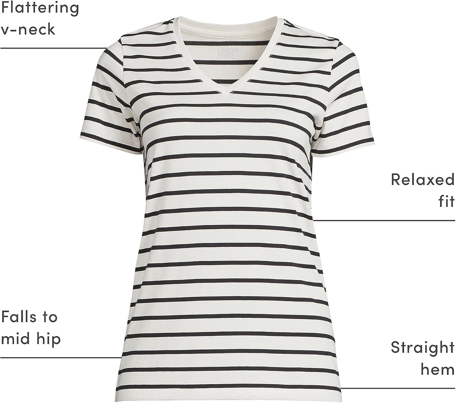 image:imageLands End Womens Supima VNeck TShirt  AmericanGrown Supima Cotton Relaxed Fit Straight Hem Tagless Layering Petite and Plus SizesIvoryBlack Breton Stripe
