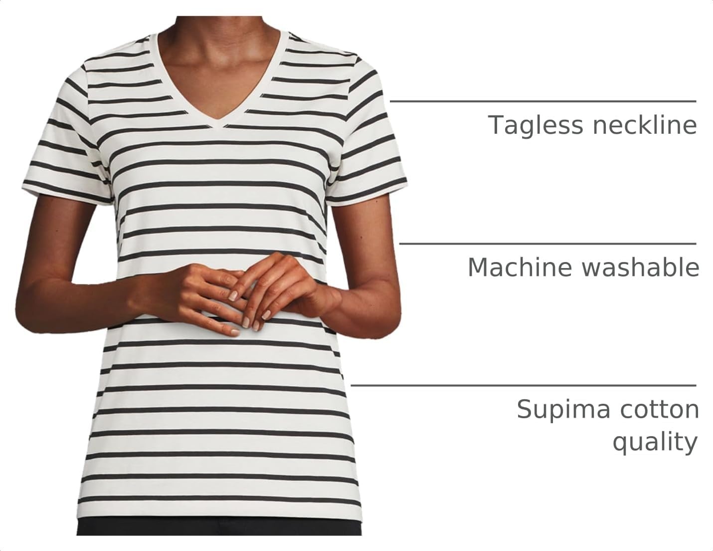 image:imageLands End Womens Supima VNeck TShirt  AmericanGrown Supima Cotton Relaxed Fit Straight Hem Tagless Layering Petite and Plus SizesIvoryBlack Breton Stripe