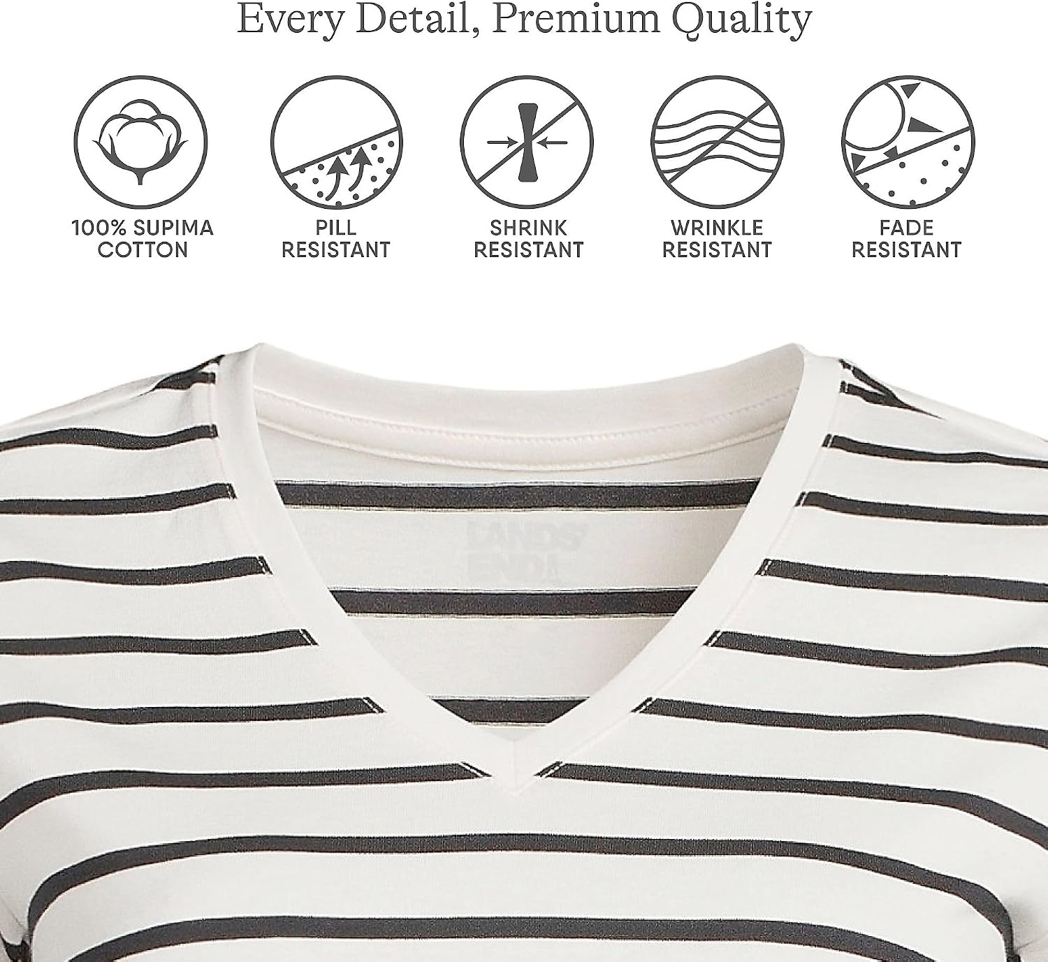 image:imageLands End Womens Supima VNeck TShirt  AmericanGrown Supima Cotton Relaxed Fit Straight Hem Tagless Layering Petite and Plus SizesIvoryBlack Breton Stripe