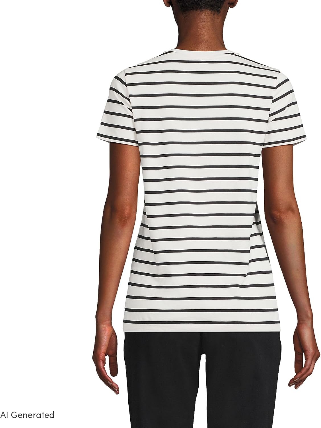 image:imageLands End Womens Supima VNeck TShirt  AmericanGrown Supima Cotton Relaxed Fit Straight Hem Tagless Layering Petite and Plus SizesIvoryBlack Breton Stripe